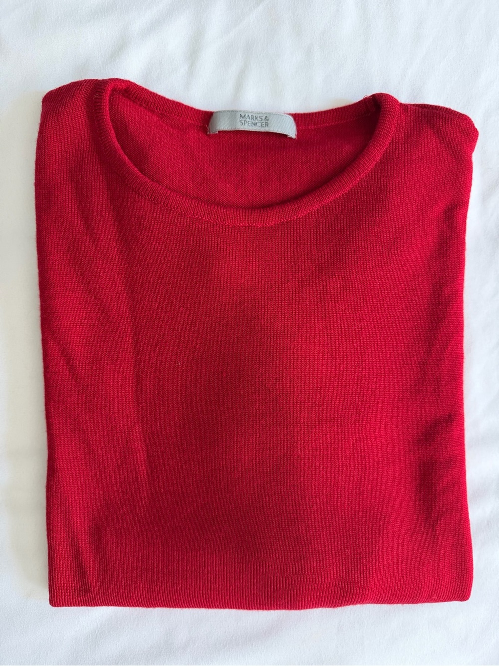Marks & Spencer UK Made Wool Bright Red Classic Lightweight Crew Neck Sweater
